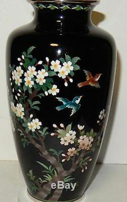 Inaba Cloisonne Black Enamel Floral Blossoms Birds Design 71/8 H. Vase