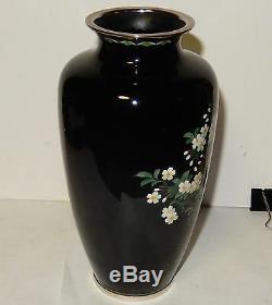 Inaba Cloisonne Black Enamel Floral Blossoms Birds Design 71/8 H. Vase