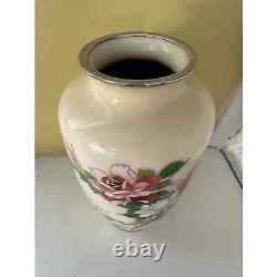 Inaba Cloisonne Cream Vase with Pink Green Flowers Roses Lotus 8.5 in