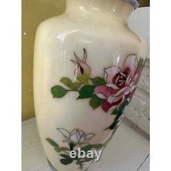 Inaba Cloisonne Cream Vase with Pink Green Flowers Roses Lotus 8.5 in