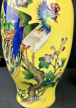 Incredible Antique 12.5 Ando Imperial Yellow Japanese Cloisonne Vase With Box