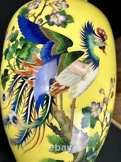 Incredible Antique 12.5 Ando Imperial Yellow Japanese Cloisonne Vase With Box