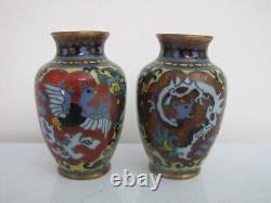 JAPANESE Enamel Sparkle Cloisonne Brass DRAGON & PHOENIX Miniature Vase Pair