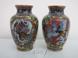 JAPANESE Enamel Sparkle Cloisonne Brass DRAGON & PHOENIX Miniature Vase Pair