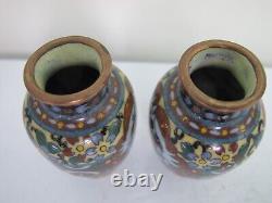 JAPANESE Enamel Sparkle Cloisonne Brass DRAGON & PHOENIX Miniature Vase Pair