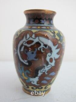 JAPANESE Enamel Sparkle Cloisonne Brass DRAGON & PHOENIX Miniature Vase Pair