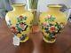 Japanese 10in Cloisonne Vase Pair Silver Wire And Floral Spray On Yellow