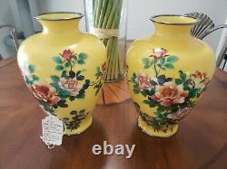 Japanese 10in Cloisonne Vase Pair Silver Wire and Floral Spray on Yellow