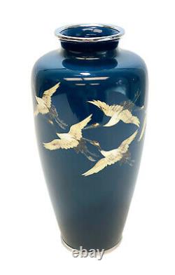 Japanese Agean Blue Cloisonne Enamel Vase, Flying Cranes