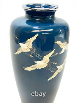 Japanese Agean Blue Cloisonne Enamel Vase, Flying Cranes