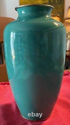 Japanese Ando Jade Green Or Green Apple Wireless Cloisonné Silver Trim Vase