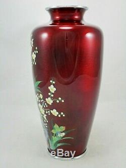 Japanese Ando Jubei Floral 10 3/4 Pigeon Blood Red Cloisonne Enamel Vase Marked