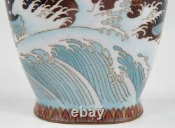 Japanese Antique Cloisonne Enamel Cranes and Waves Vase Meiji Period