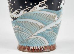 Japanese Antique Cloisonne Enamel Cranes and Waves Vase Meiji Period