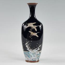 Japanese Antique Cloisonne Enamel Cranes and Waves Vase Meiji Period