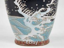 Japanese Antique Cloisonne Enamel Cranes and Waves Vase Meiji Period