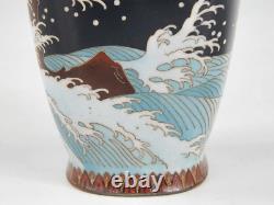 Japanese Antique Cloisonne Enamel Cranes and Waves Vase Meiji Period