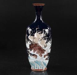 Japanese Antique Cloisonne Enamel Cranes and Waves Vase Meiji Period