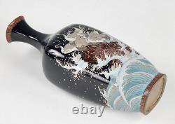 Japanese Antique Cloisonne Enamel Cranes and Waves Vase Meiji Period