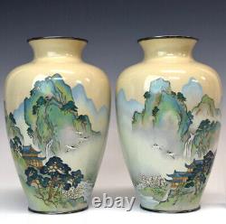 Japanese Antique Cloisonne Vase Mountain and River Landscape Pair Meiji Period