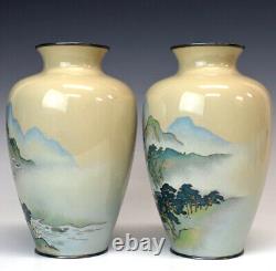 Japanese Antique Cloisonne Vase Mountain and River Landscape Pair Meiji Period