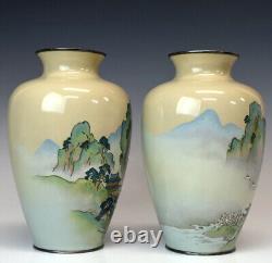 Japanese Antique Cloisonne Vase Mountain and River Landscape Pair Meiji Period