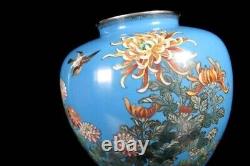 Japanese Antique Meiji Cloisonne Blue Vase Birds and Flowers with Box