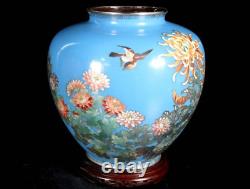 Japanese Antique Meiji Cloisonne Blue Vase Birds and Flowers with Box