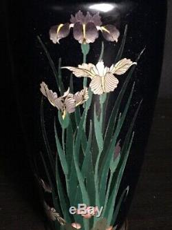Japanese Antique Meiji Cloisonne Silver Wire Iris Inlay Vase