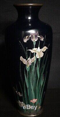 Japanese Antique Meiji Cloisonne Silver Wire Iris Inlay Vase