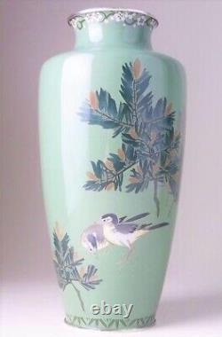 Japanese Antique Meiji Cloisonne Silver Wire Vase Bird Flower HAYASHITANI Signed
