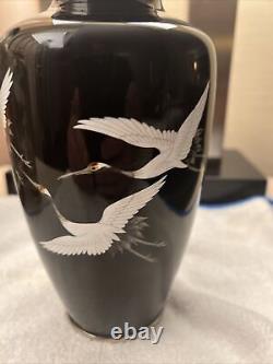 Japanese Black Cloisonne 7.375 Vase With Cranes
