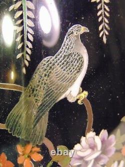 Japanese Black Silver Wire Cloisonné Meiji Vase Falcon Hawk Eagle Wisteria