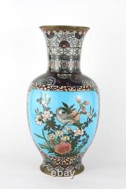 Japanese Blue Floral Cloisonne Meiji Vase, With Birds And Butterflies
