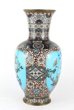 Japanese Blue Floral Cloisonne Meiji Vase, With Birds And Butterflies