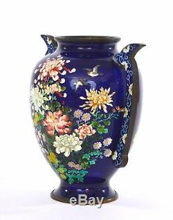 Japanese Blue Ginbari Cloisonne Enamel Shippo Handle Ears Vase Chrysanthemum