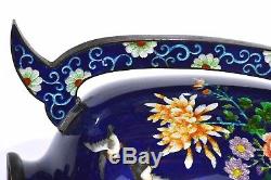 Japanese Blue Ginbari Cloisonne Enamel Shippo Handle Ears Vase Chrysanthemum
