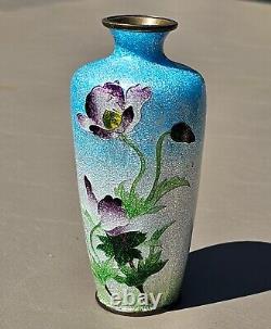 Japanese Blue Purple Green Ginbari Cloisonne Flowers Enamel Vase, Meiji Period