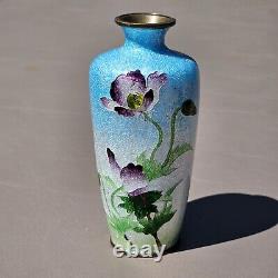 Japanese Blue Purple Green Ginbari Cloisonne Flowers Enamel Vase, Meiji Period