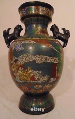 Japanese Bronze Champleve Cloisonne Vase Foo Lion Handles Signed