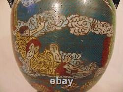 Japanese Bronze Champleve Cloisonne Vase Foo Lion Handles Signed