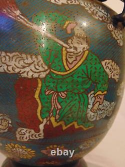 Japanese Bronze Champleve Cloisonne Vase Foo Lion Handles Signed