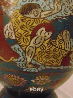 Japanese Bronze Champleve Cloisonne Vase Foo Lion Handles Signed