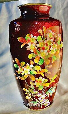 Japanese Cherry Red Enamel Foil Cloisonné Vase with Flowers JAPAN FREE SHIPPING