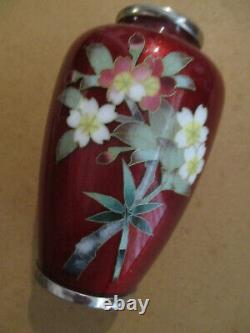 Japanese Cloisonne Enamel Ox Blood Red GINBARI 5H Vase Lilies Flowers