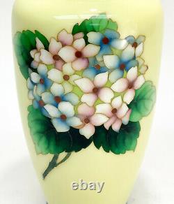 Japanese Cloisonne Enamel & Silverplate Vase, Pale Yellow Blue & Pink Flowers