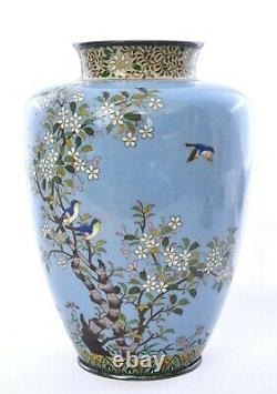 Japanese Cloisonne Enamel Vase Flower & Birds with Silver Rim Jungin