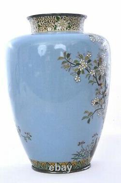 Japanese Cloisonne Enamel Vase Flower & Birds with Silver Rim Jungin