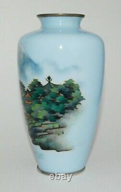 Japanese Cloisonne Enamel Vase with Beautiful Landscape, Shoreline and Mt. Fuji