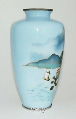 Japanese Cloisonne Enamel Vase with Beautiful Landscape, Shoreline and Mt. Fuji
